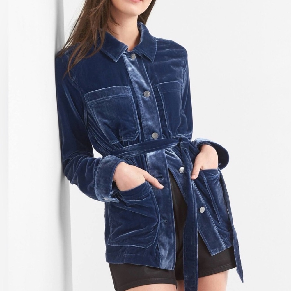 GAP Belted Utility Velvet Jacket Women's Small Deep Cobalt Blue